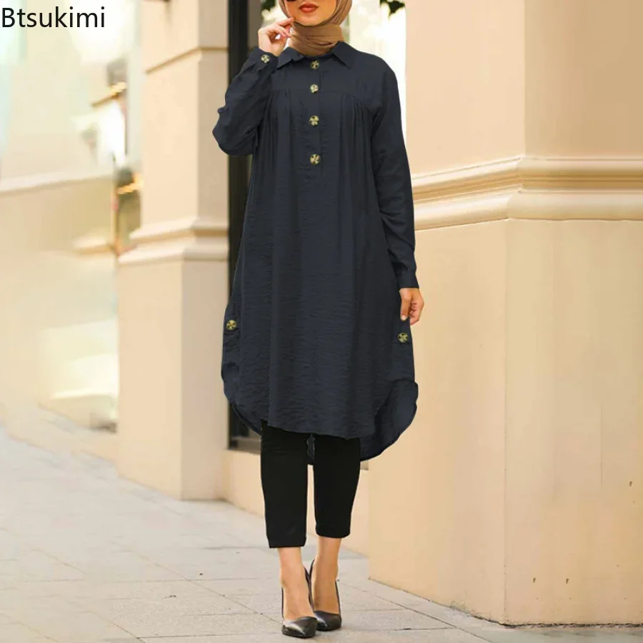 2024 Summer Muslim Solid Blouse for Women Simple Cotton Linen Long Shirt Saudi Arabia Islam Femme Tops Lady A-Line Shirt Dresses