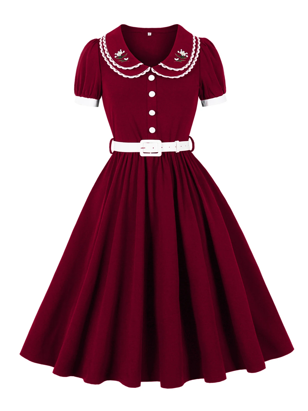 Tonval Spitzenbesatz bestickter Peter-Pan-Kragen Vintage 1950er-Jahre-Partykleidung für Frauen Knöpfe vorne mit Gürtel Midi-Swing-Kleider – Detail 4