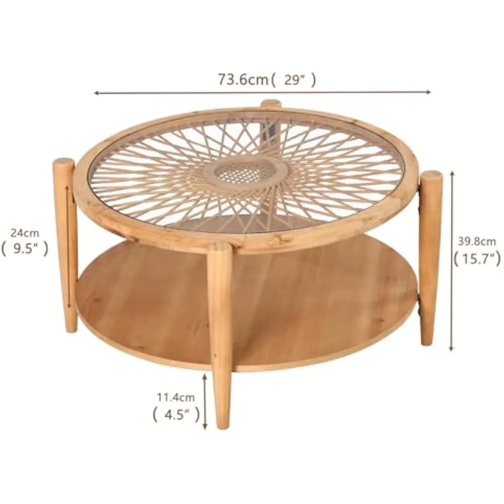 Farmhouse round coffee table, 2 level center table, handmade rattan and tempered glass top and wooden legs, natural