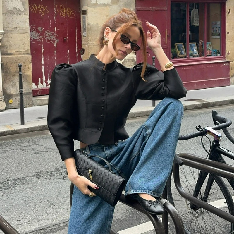 

New Fashion French Style Elegant Solid Color Stand-Up Collar Single-Button Bubble Sleeve Long Sleeve Women's Blouse 2026 Spring