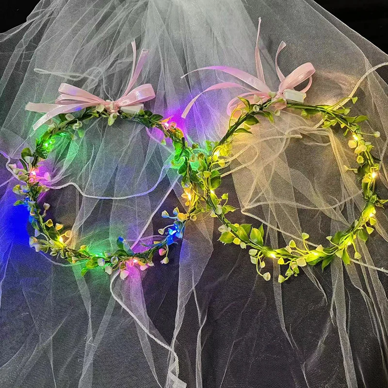 Women Girl Forest Style Luminous Wreath Rural Wedding Plant Flower Wreath Headwear LED Light Wreath Garland Decoration Hairband