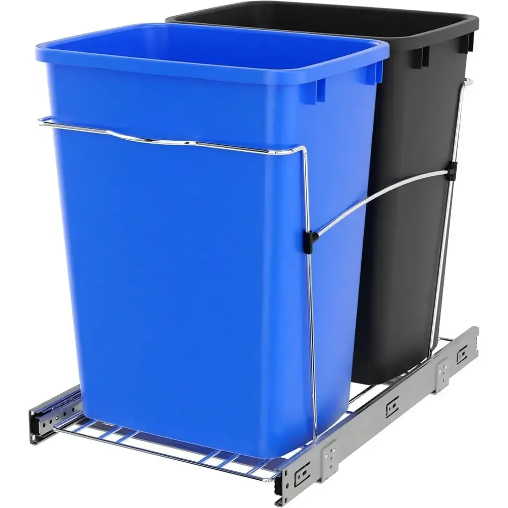 Double Pullout Trash Can with 35 Quart Recycling Bin, Blue/Black, on Full Slides