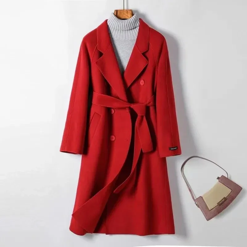

Double breasted Women's Wool Jacket 2025 Autumn Winter New fashion Temperament With belt Knee length Wool Coat Female Overcoat