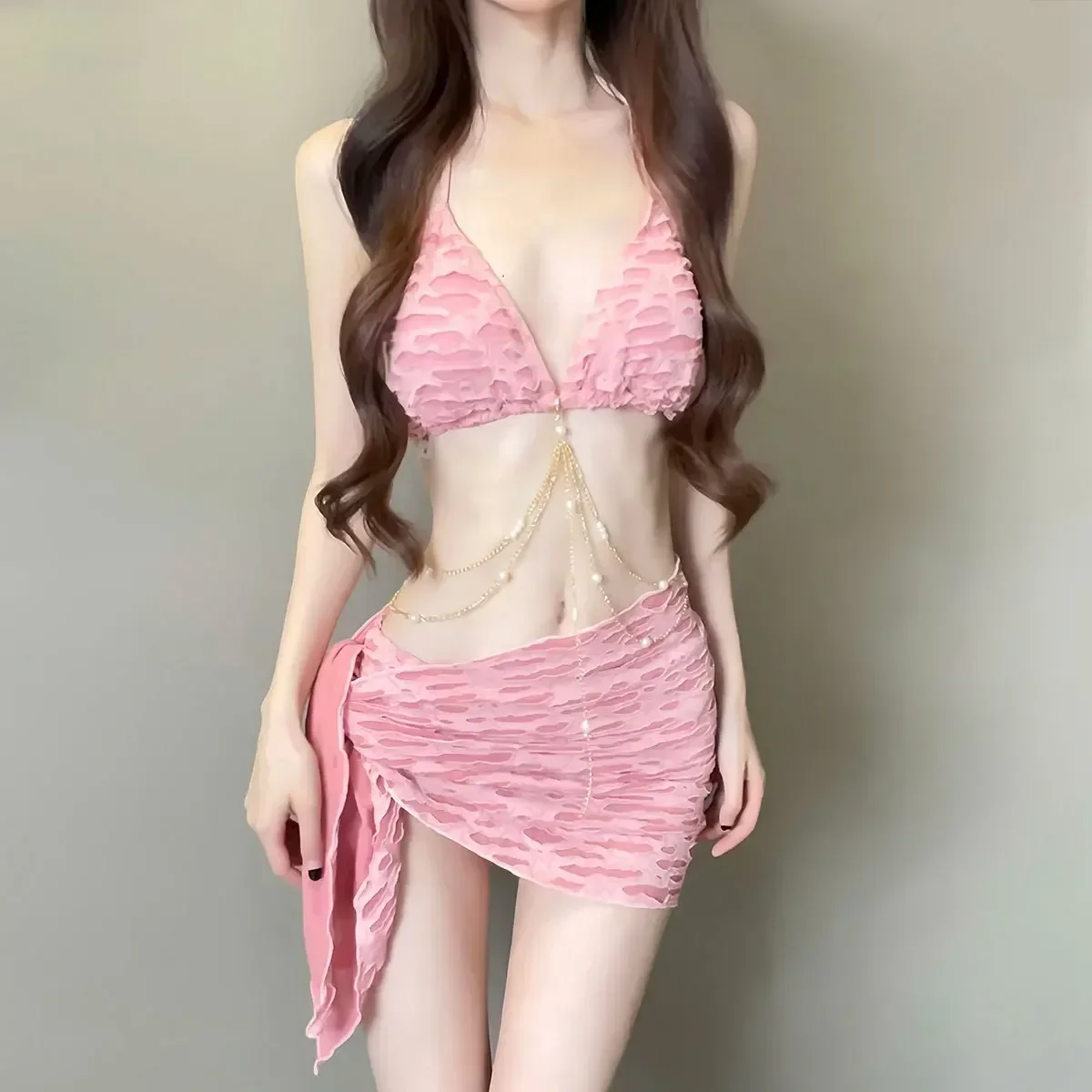 Купальник бикини для женщин, новинка 2024, комплект из трех предметов с разрезом, висит на шее и открывающаяся спина, чтобы показать вес