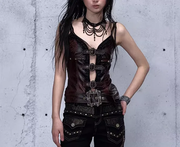 Spring Summer Personalized Court Punk Sexy Slim Versatile Hollow Out Top Exquisite Embroidered Lace Leather V-neck Sling Vest
