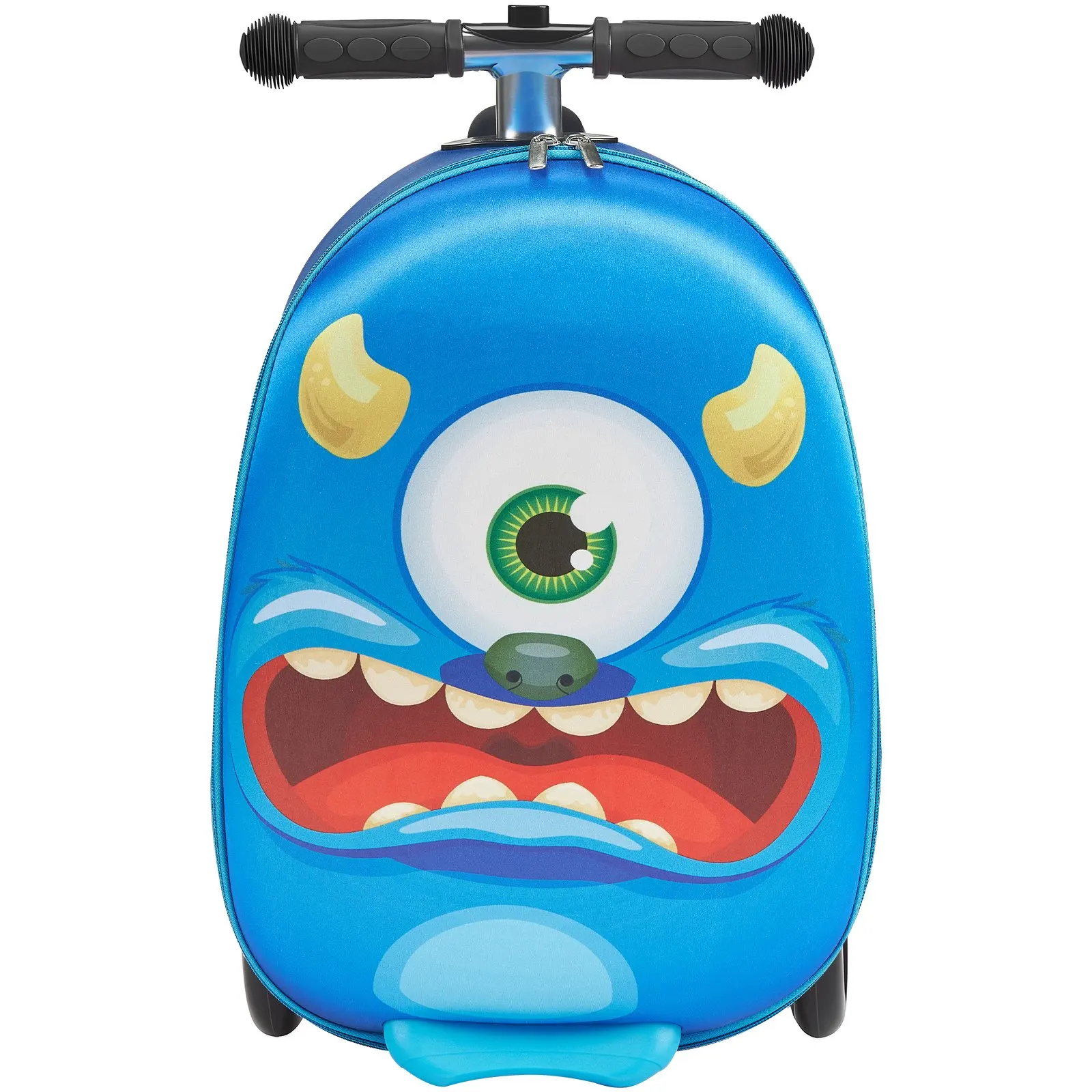 Kids Ride-On Scooter Luggage 20 Inch Carry On Trolley Suitcase, Cartoon One-Eyed Monster Hard Shell Case with Flash LED Wheels, Foldable Skateboard Suitcase for Toddler Boys Travel Gift
