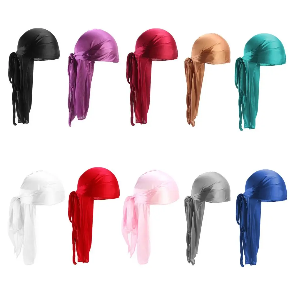 Fashion Pre-Tied Silk Durag Elastic Polyester Turban Hijab Adjustable Head Wrap Men Women