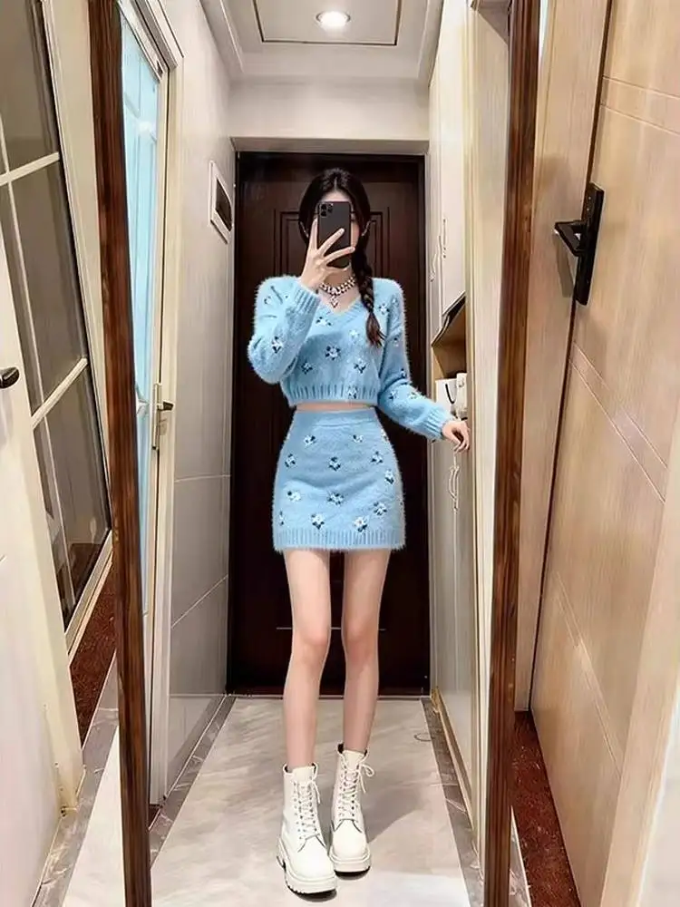 

Женский вязаный свитер и юбка с v-образным вырезом, комплект для похудения, юбка с высокой талией, длинный свеч, осенне-зимний костюм из двух предметов Faion