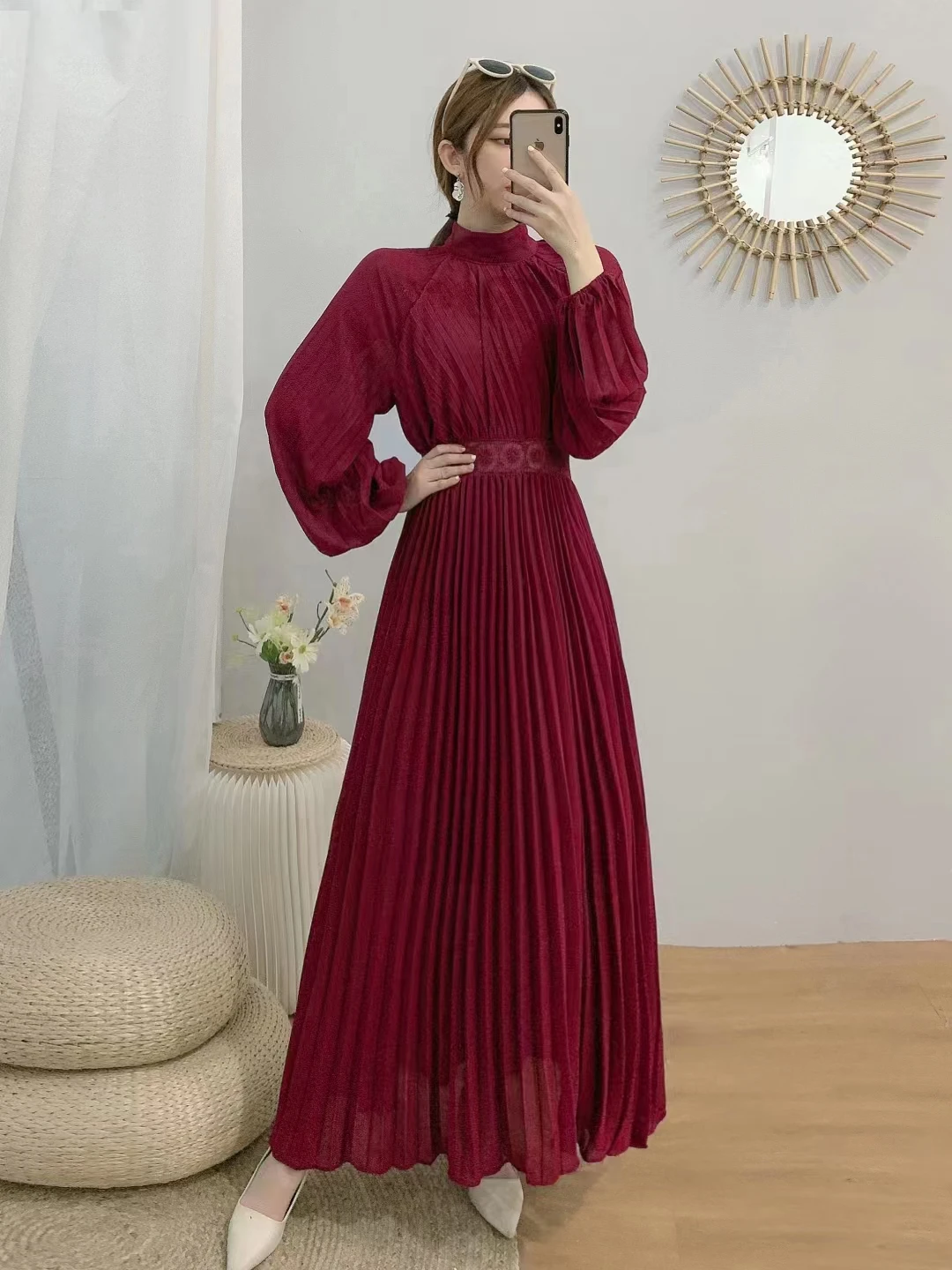 2023 New Spring Autumn Women Stand Collar Long Sleeve Slim Long Dress High Quality Perspective Lace Patchwork Pleated Maxi Dress