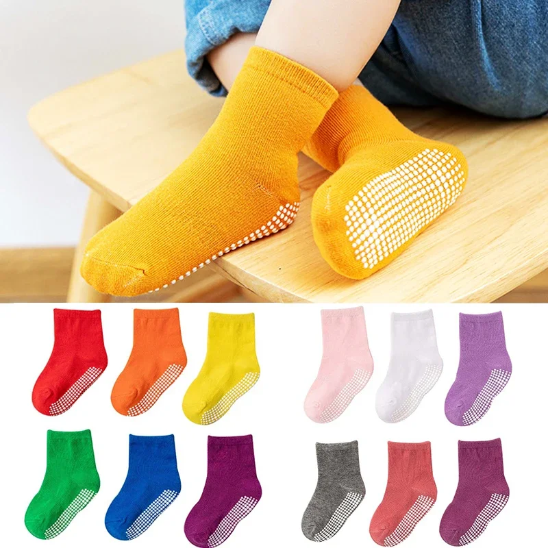 

6 Pairs Kids Anti-Slip Floor Socks Solid Color Soft Breathable Cotton Baby Boat Socks for Boys & Girls Trampoline Socks