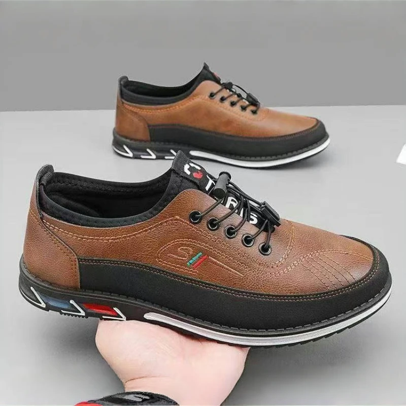 Spring Luxury Men's Casual Leather Shoes Elastic Band Business Flats Loafers for Men Soft Sole Peas Shoes Soft Men's Sneakers