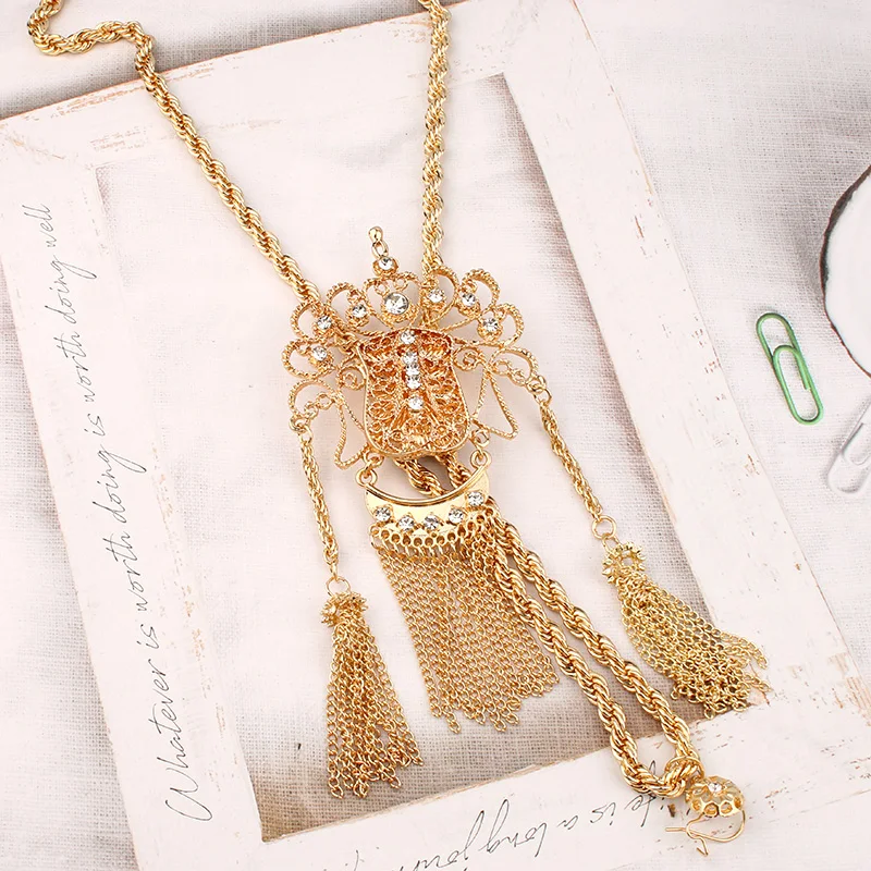 Long Chain Algeria Bride Pendant Necklace Gold Plated Ethnic Tassels Chain Necklace for Women Pendentif Diamant Femme