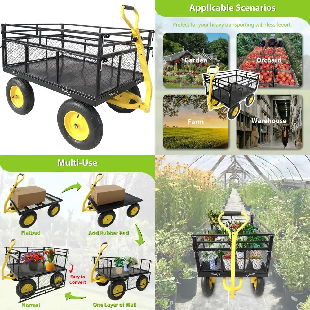 

Heavy-Duty Steel Garden Cart with 1400 lbs Capacity, Removable Mesh Sides, and Flatbed Conversion Utility Wagon