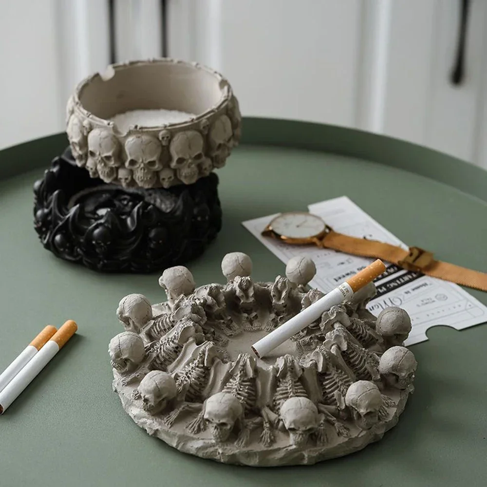 Punk Flame Skull Cement Ashtray Creative Home KTV Desktop Decor Gothic Artistic Skeleton Statue Gift for Man Smoking Accessories
