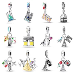 Colgantes luminosos de Plata de Ley 925 con atracciones famosas, Torre Eiffel, iglesia, compatibles con pulseras originales Qikaola, joyería DIY
