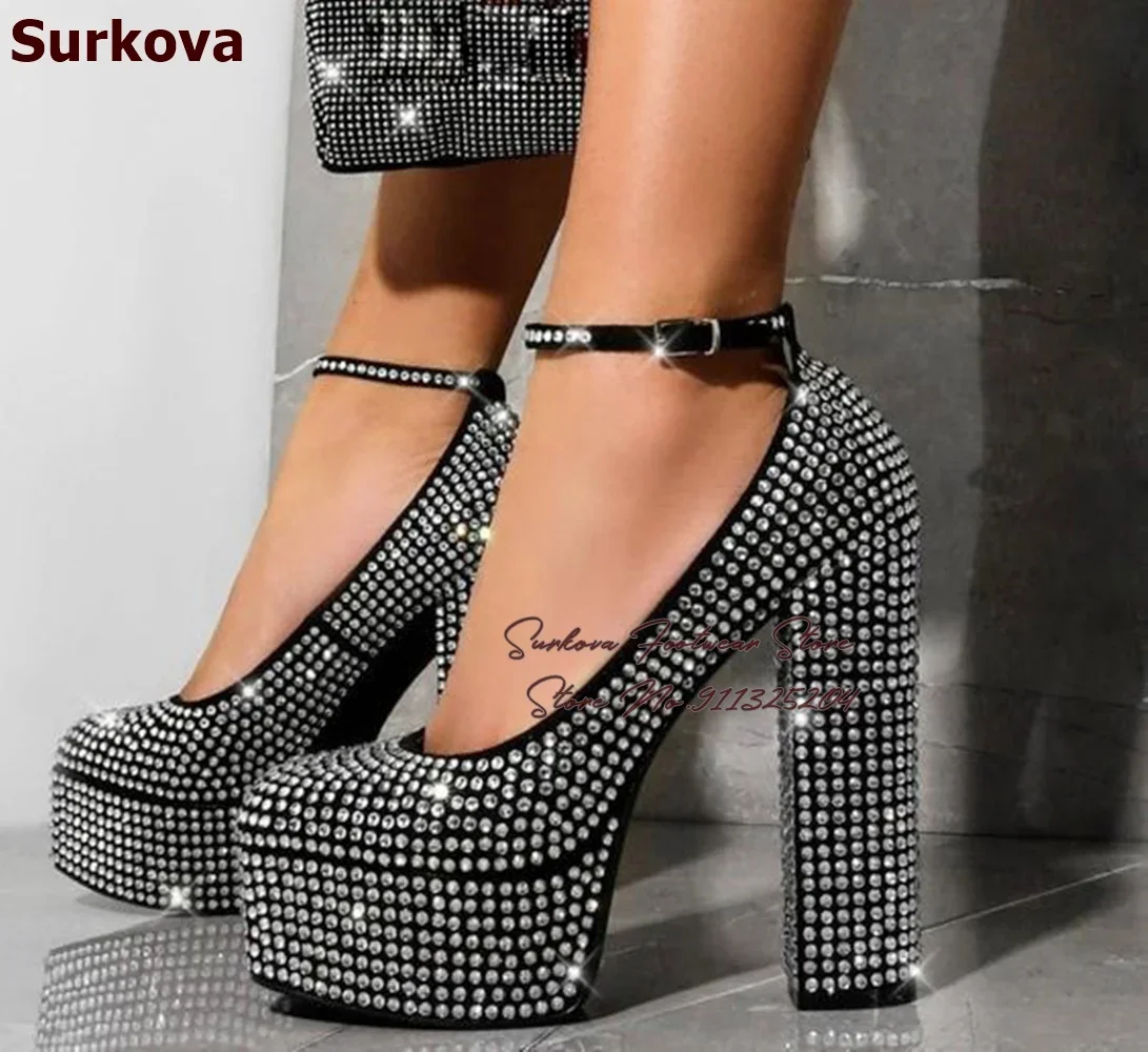 

Surkova Full Silver Crystal Wedding Shoes Bling Bling Rhinestone Chunky Heel Evening Pumps High Platform Buckle Banquet Footwear