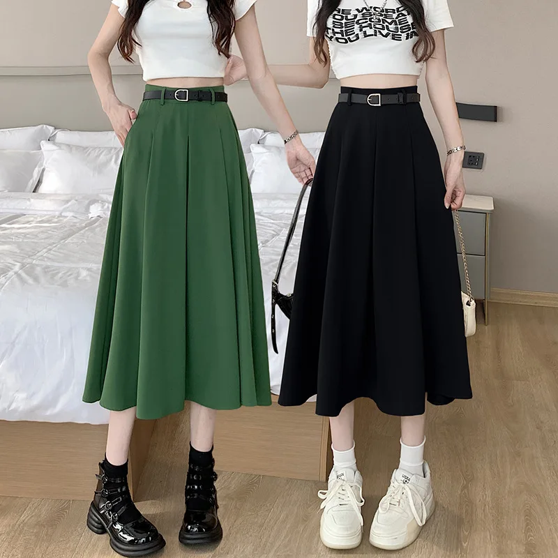 

Summer New Pocket High Waist Mid Length Half Long Skirt With Belt Women's A-line Skirt Green Pleated Skirt Umbrella Skirt