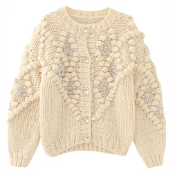 Handmade Bubble Diamond Embellished Cardigan Crochet Flower Chunky Knit Sweater 3D Floral Details Button-Up Knitwear Coat