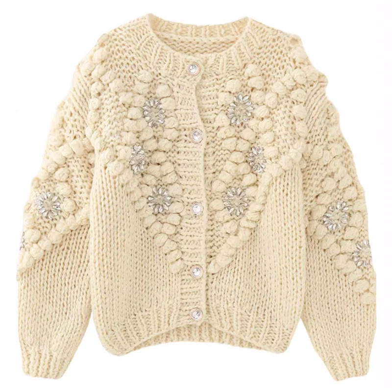 Handmade Bubble Diamond Embellished Cardigan Crochet Flower Chunky Knit Sweater 3D Floral Details Button-Up Knitwear Coat