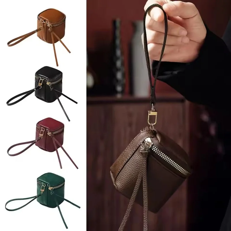 

Cute Vintage Leather Cosmetic Pouch, Women Mini Lipstick Storage Bag, Key Data Line Earphone Organizer, Portable Hanging Wallet