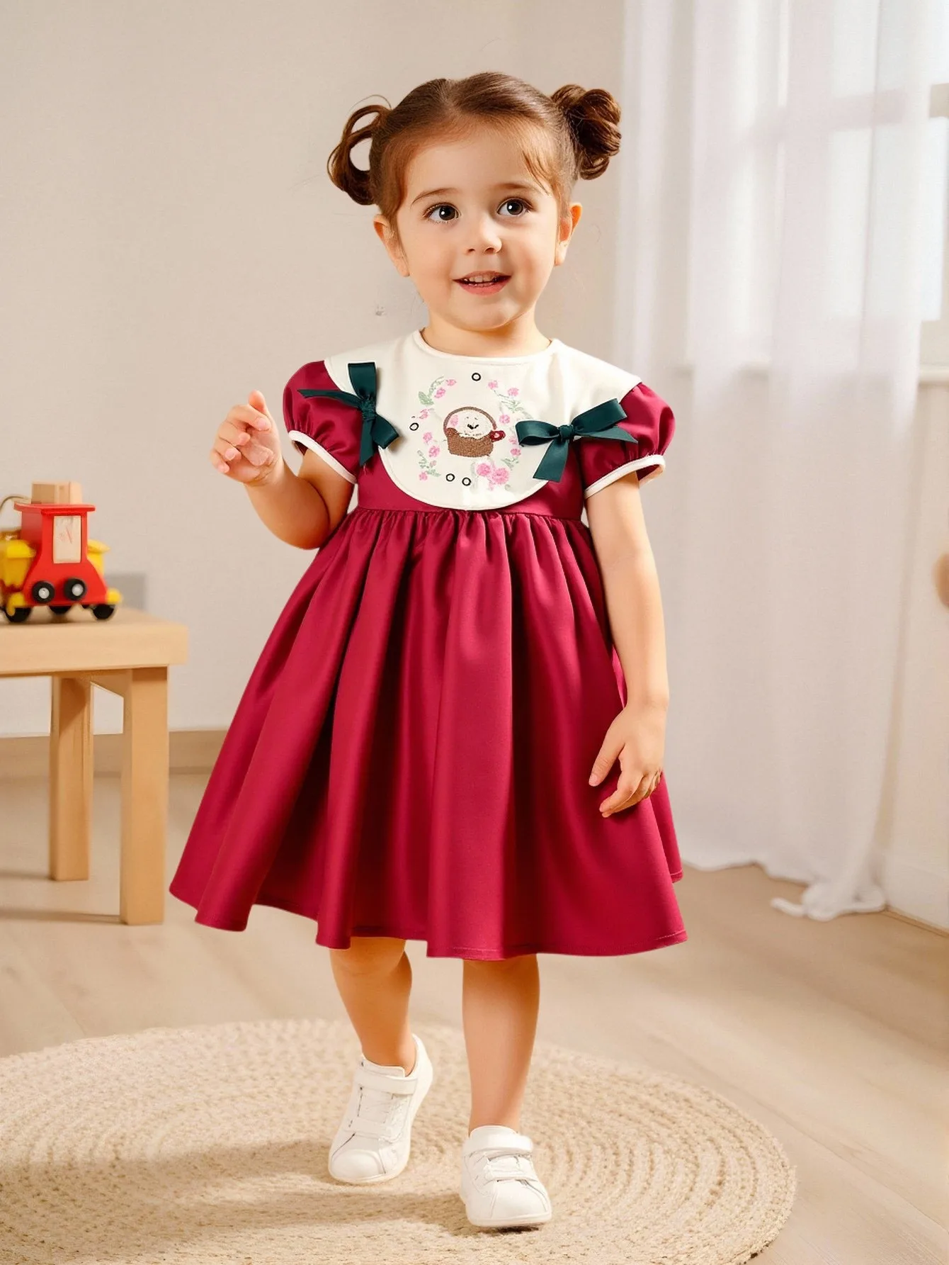Schönes, süßes Sommerkleid mit kurzen Ärmeln und Stickereien für Mädchen – modischer Puppenkragen für den täglichen Gebrauch