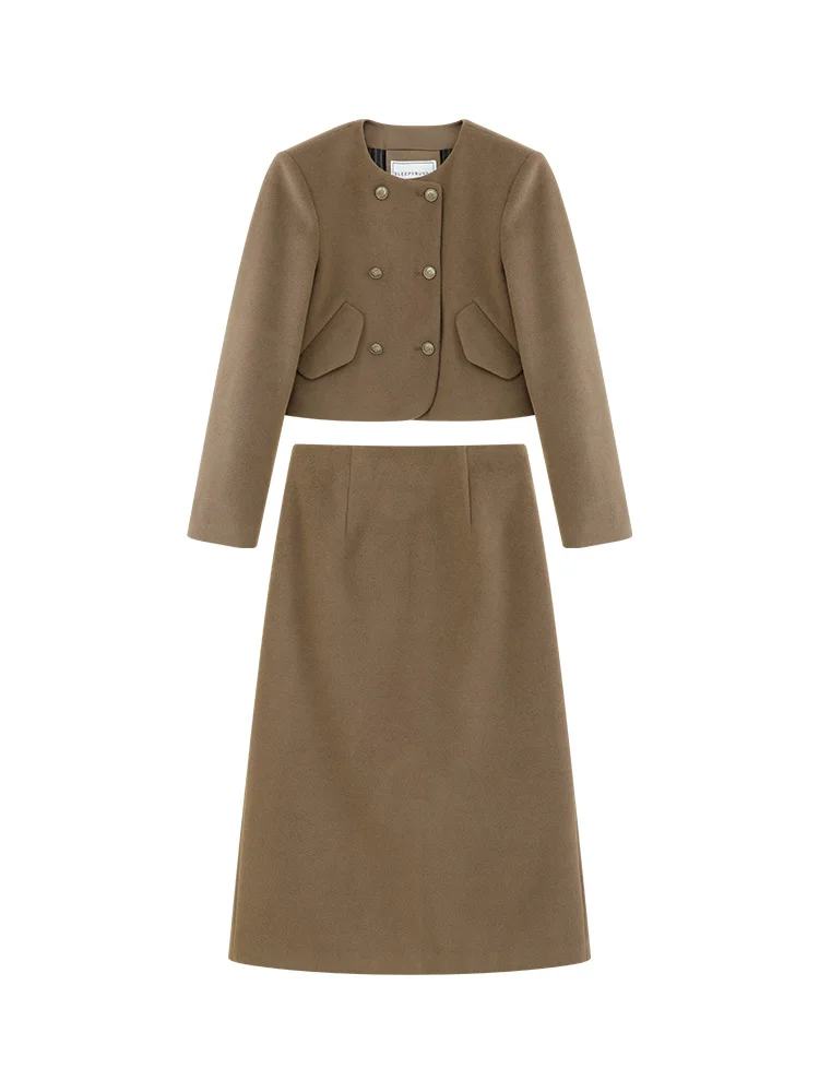 Retro Wool-like Suit Double Breasted Short Coat with Shoulder Pads High Waist A-Line Skirt Winter Elegant Two Piece Outfit Women