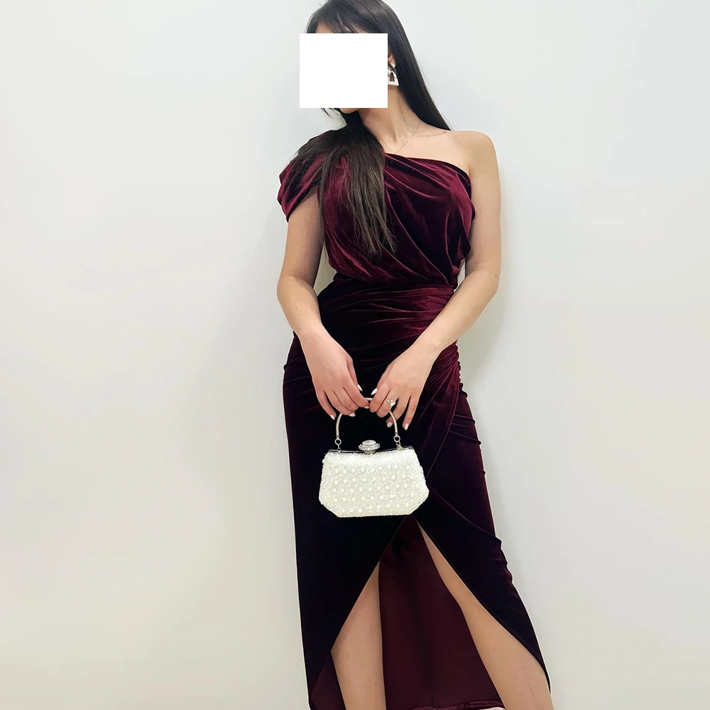 

elegant luxury evening dress 2024 Front Silt Evening Dresses One Shoulder Velour Boat Neck Sleeveless Saudi Arabia High-Low 2024