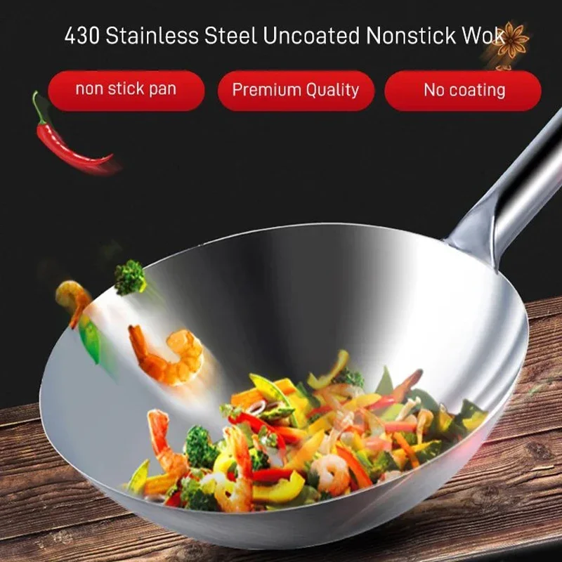 34Cm Roestvrijstalen Wok 1.8Mm Dik Hoge Kwaliteit Chinese Wok Traditionele Non-Stick Roestende Gas Wok Cooker Pan Koken