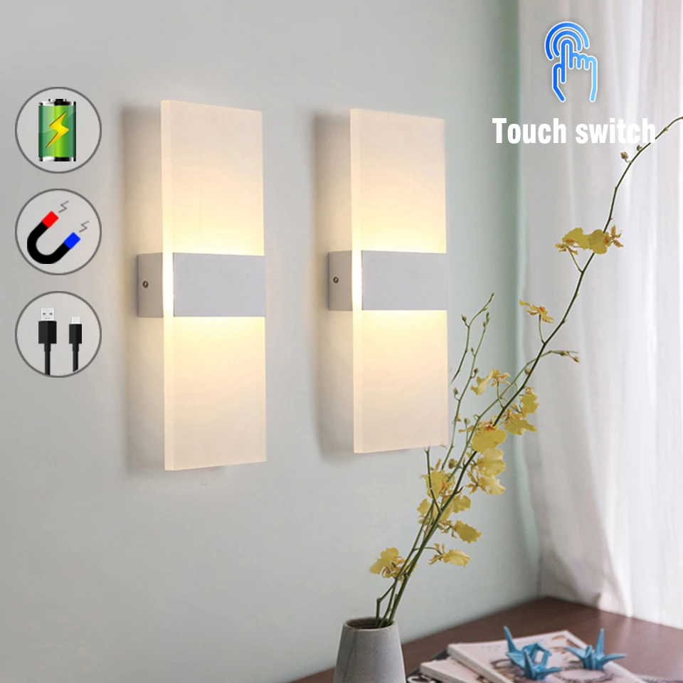 

LED Motion Sensing Wall Lamp with Battery, Acrylic Lighting, Touch Switch, Modern Interior Decoration, Living Room and Bedroom