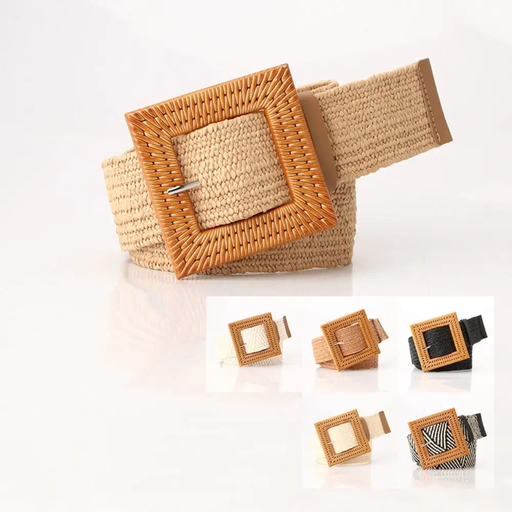 Punk Woven Boho Straw Weave Belt Retro Hollow Out Bohemian Style Belt Wide Round Buckle Ethnic Style Waistband Waist Accessories
