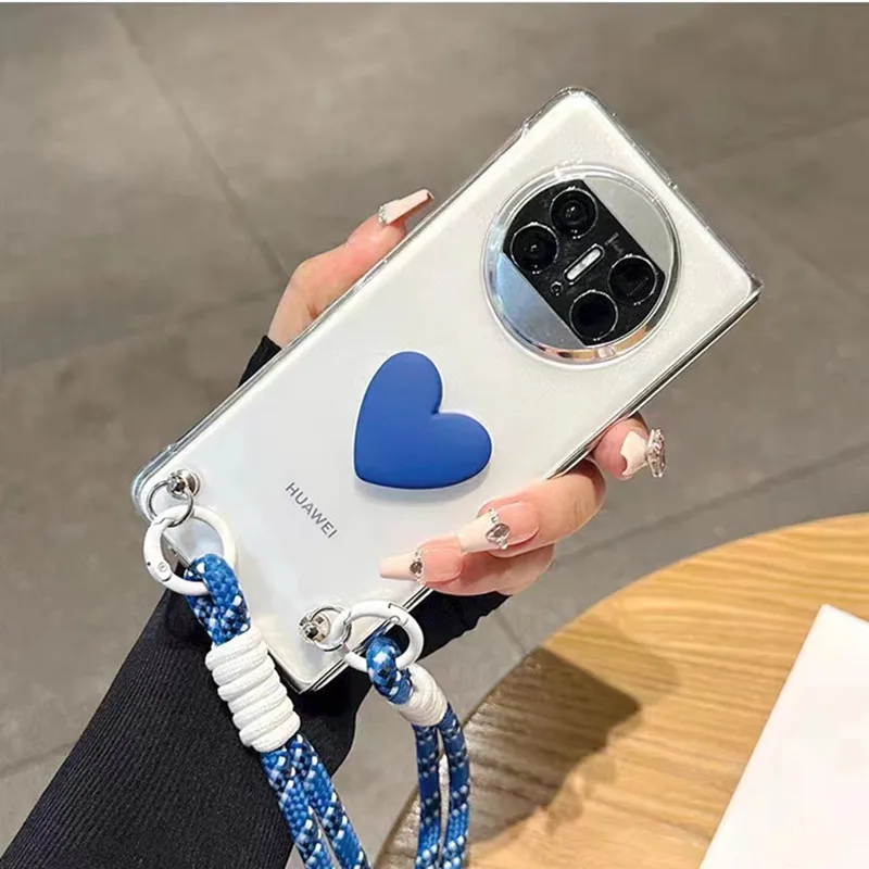 Luxury Blue Heart Portable Rope Phone Case For Huawei Mate X5 X3 X2 Magic VS2 V2 Lanyard Strap Transparent Cover Capa