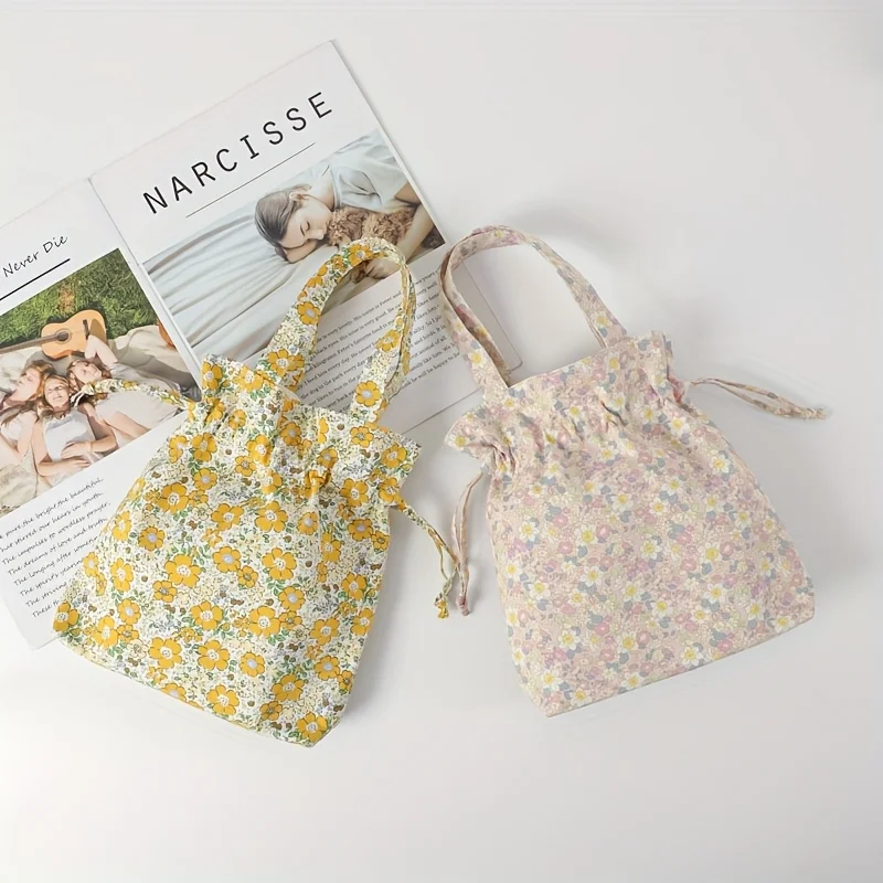 1 حقيبة تسوق يدوية صغيرة مطبوعة بالزهور حقيبة تخزين برباط قطني محمولة مبتكرة #2