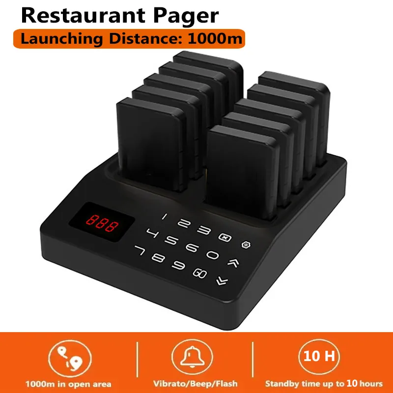 Wireless Restaurant Calling Pager Queue Paging System 10 Receivers Customer Line Calling System for Cafe Dessert Shop Food Truck