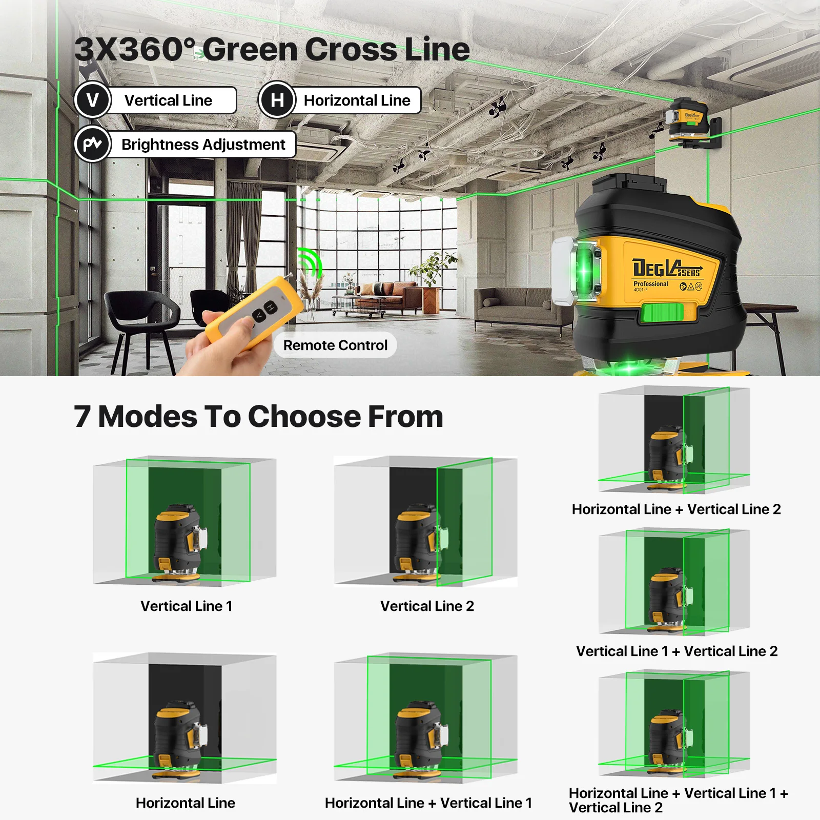 Livello Laser 360 autolivellante, degassatori 3 x360 ° 3D Green Cross Line strumento di livello Laser con 4 luminosità regolabili, telecomando