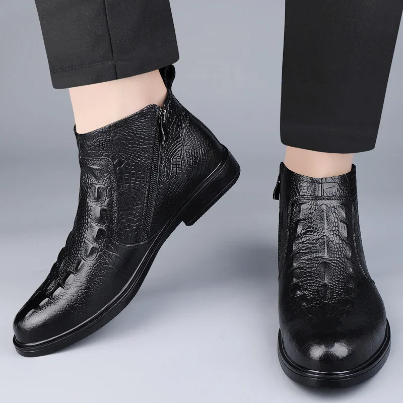 High Quality Winter Fashion Cowhide Business Chelsea Boots Men Comfortable Side Zipper Crocodile Patterned Fleece Short Boots