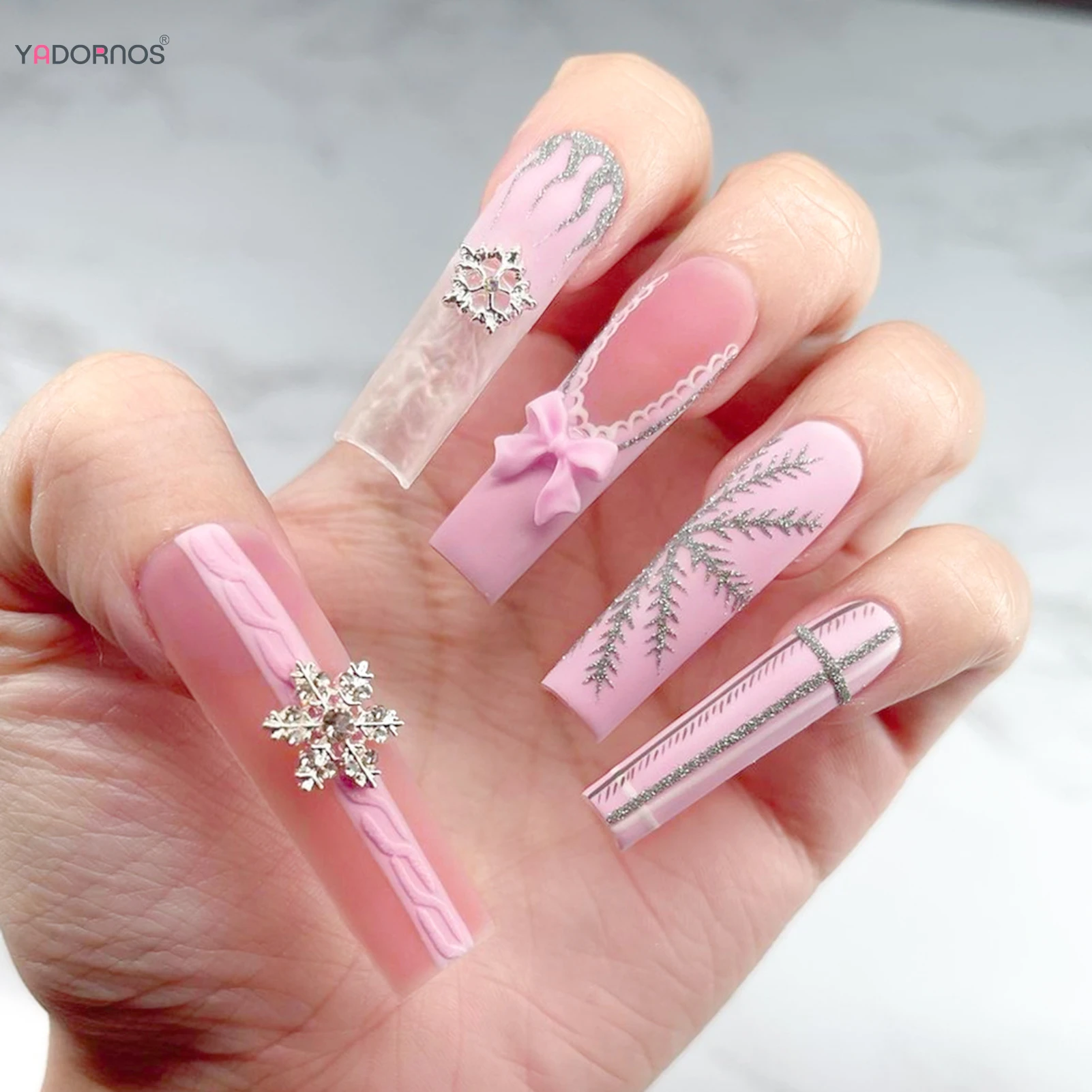 24pcs ארון ארוך חג המולד מזויף מסמרים מזויפים בסגנון צרפתי ורוד על מסמרים קמעות פתית שלג עיצובים bowknot