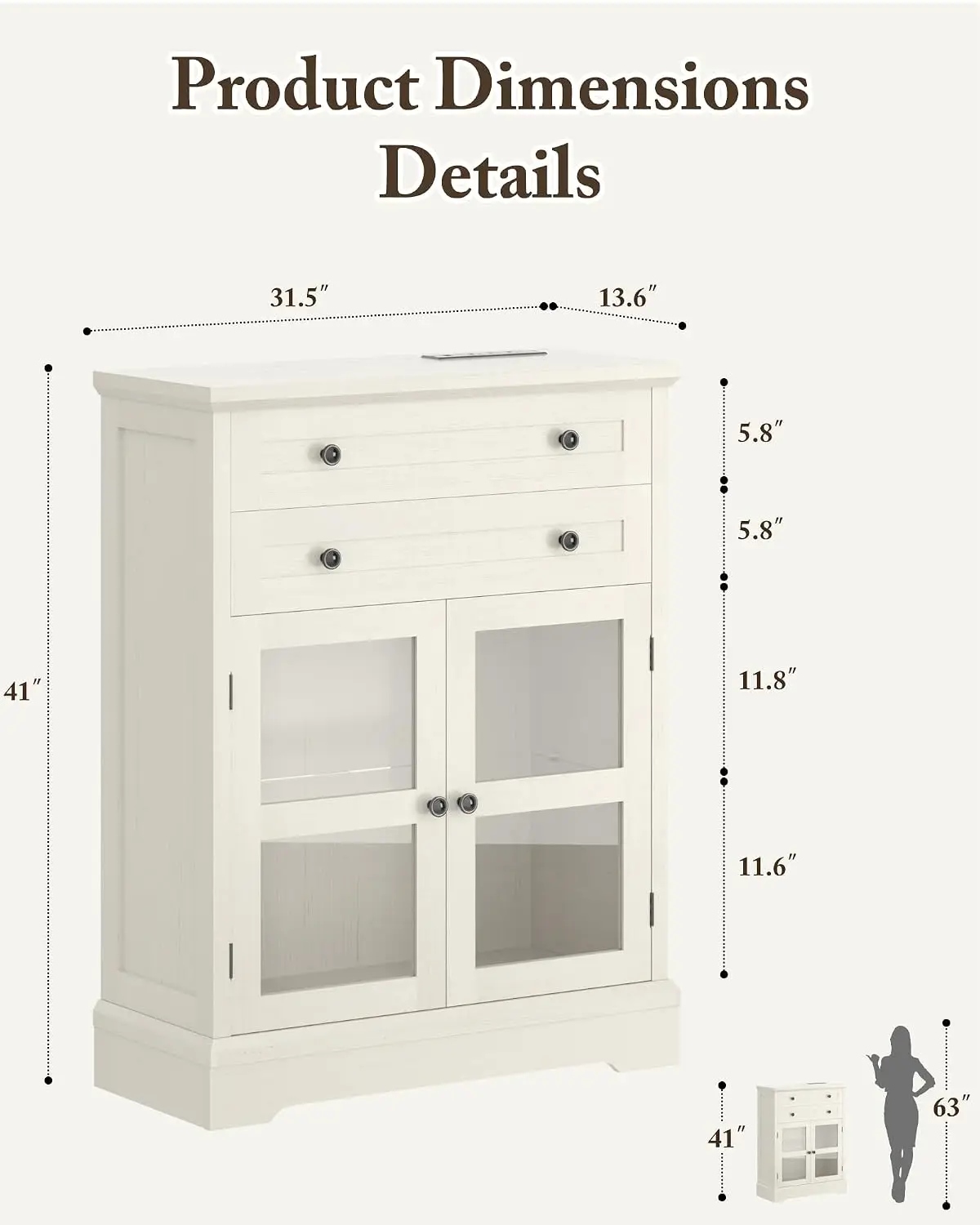 Buffet Cabinet with Storage and Glass Doors, Sideboard with Power Outlet, Customized