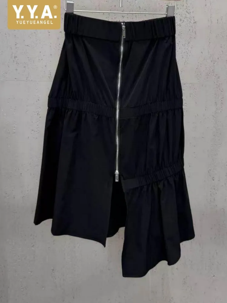 Leisure Female Elastic Waist Versatile Asymmetry Knee-Length Skirt Fashion Ladies Solid Color Zipper Fold Straight Skirts