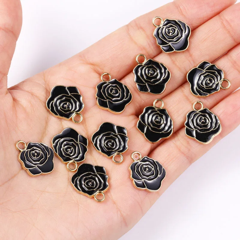 20Pcs 14*17mm Enamel Alloy Rose Pendant DIY Necklace Bracelet Earrings Drip Oil Flower Charms for Jewelry Making Craft Accessory