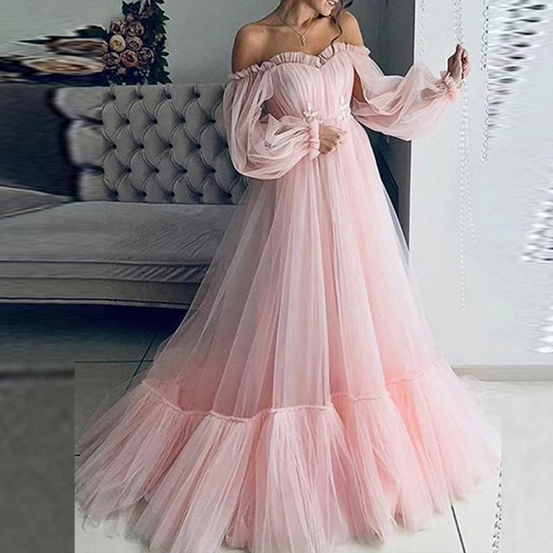 Women Long Sleeve Big Hem Evening Dress Luxury Mesh Ruffles Princess Dresses Elegant Off Shoulder Banquet Solid Party Long Dress