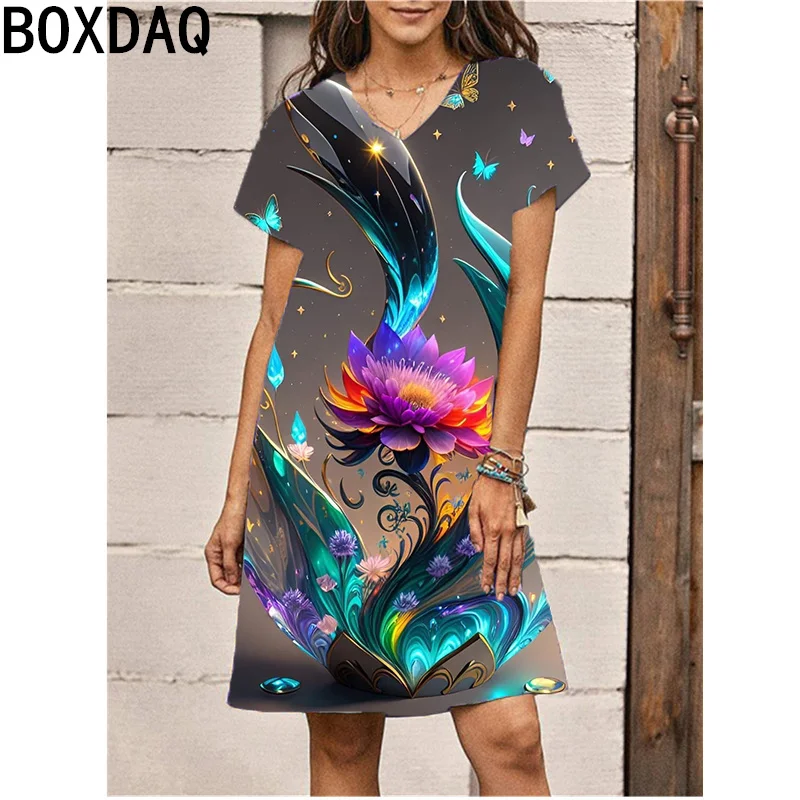 Fashion 3D Colorful Underwater World Butterfly Print Dress Summer Short Sleeve V-Neck Casual Loose A-Line Dress Female Vestidos