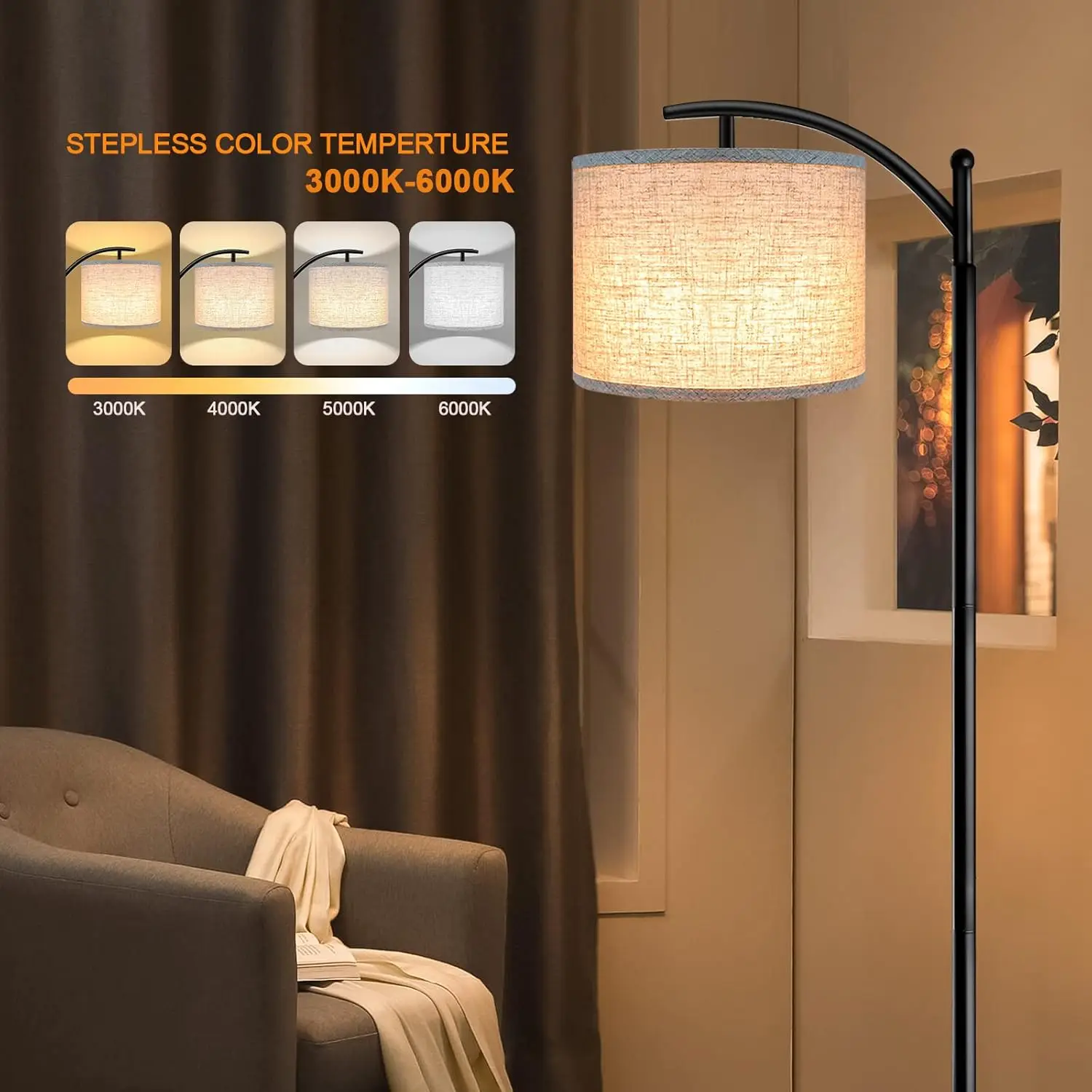 مصباح أرضي LED حديث مع جهاز تحكم عن بعد ومفتاح للقدم، درجة حرارة لون قابلة للتعديل لغرفة المعيشة وغرفة النوم والمكتب - أسود