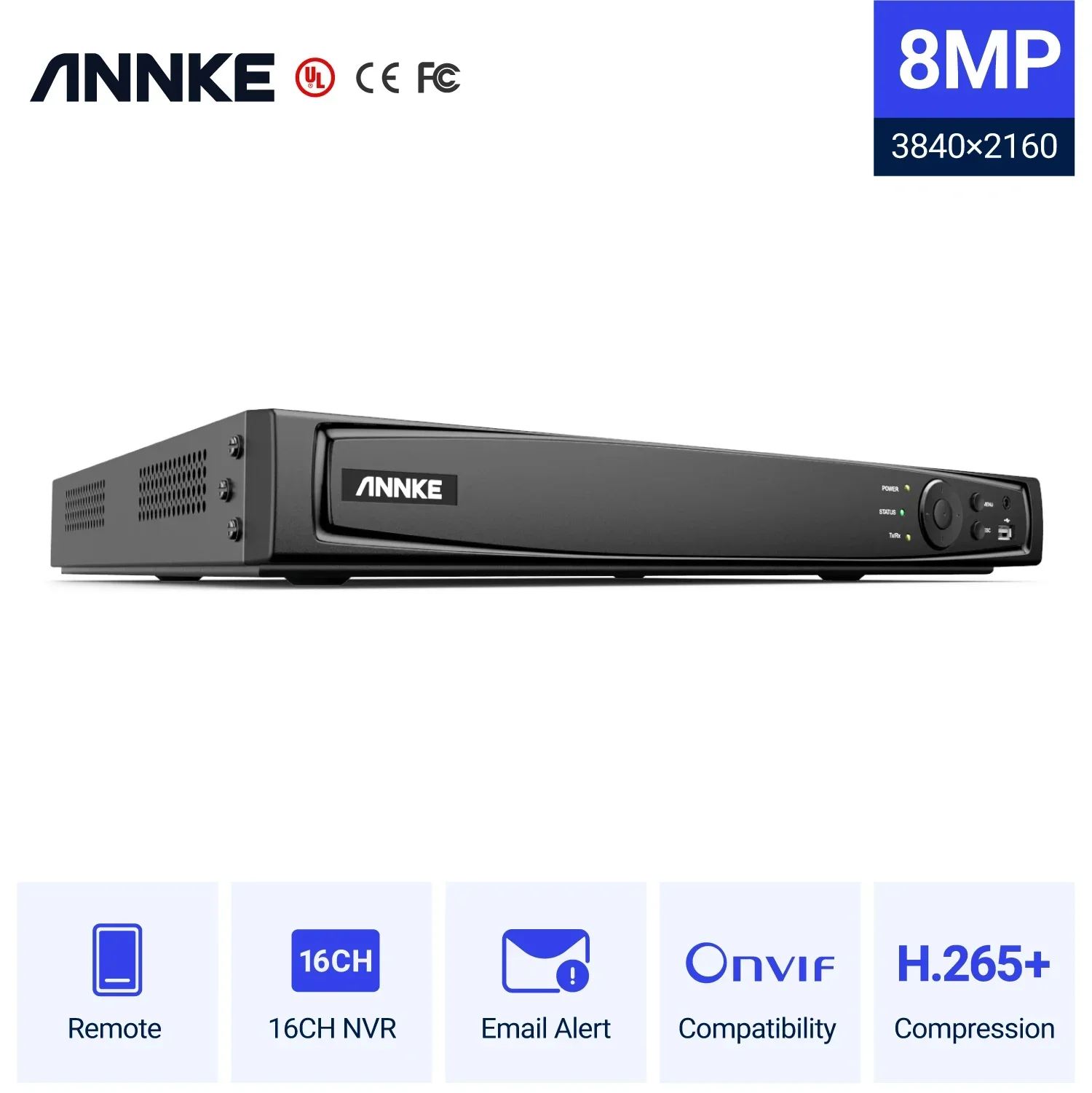 ANNKE 16 canales (NVR) con detección de movimiento 2 puertos SATA H.265 (PoE) 4K Ultra HD y funcionalidad de grabación de reproducción inteligente.