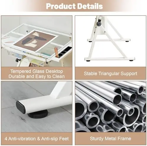 White Drafting Table with Stool Height Adjustable Art Craft Desk with Storage, Tilting Tempered Glass Tabletop view 3