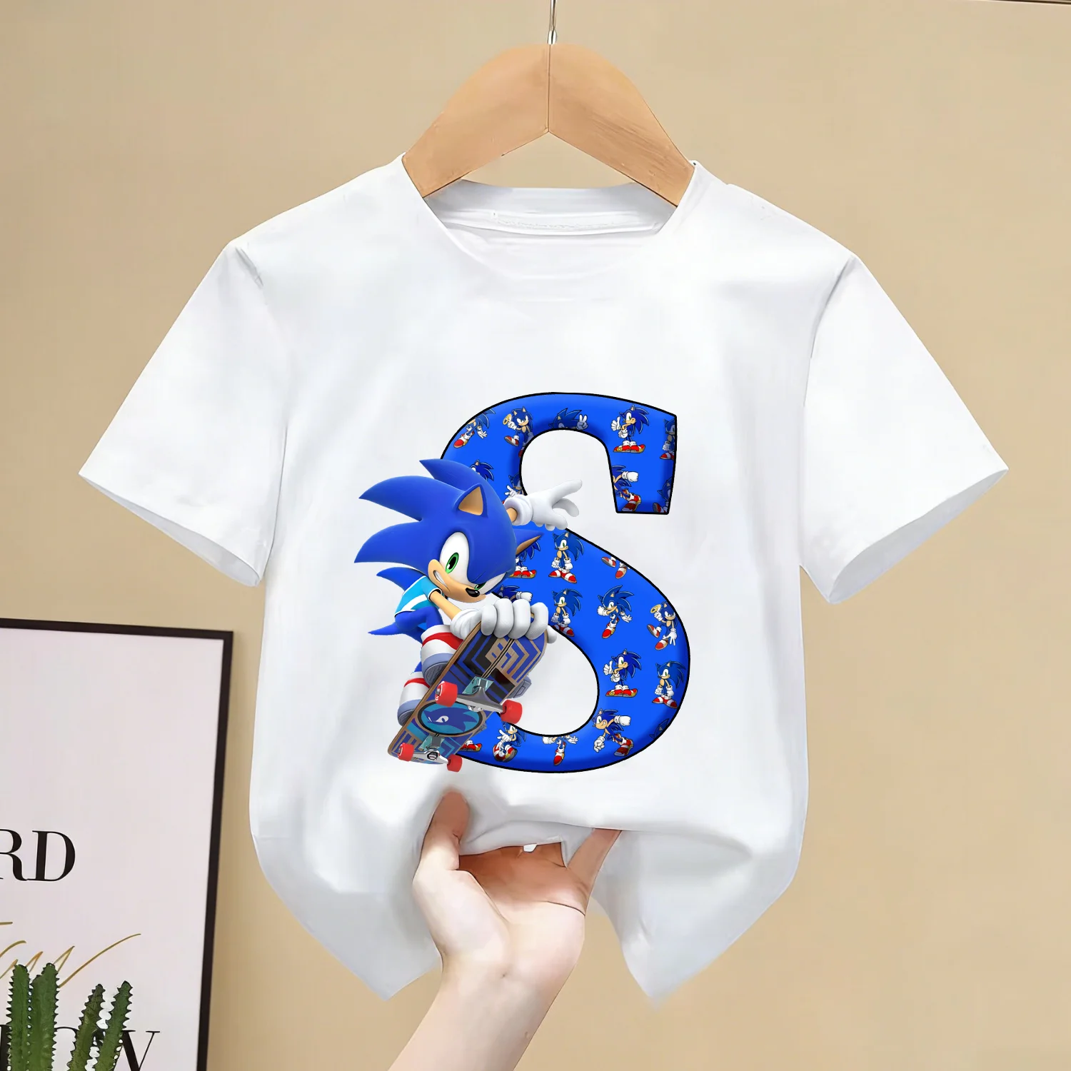 Camiseta de Anime Sonics para niños, camiseta con letras de la A a la Z, ropa blanca con cuello redondo, ropa de verano para niños y niñas, ropa de manga corta para niños, regalo