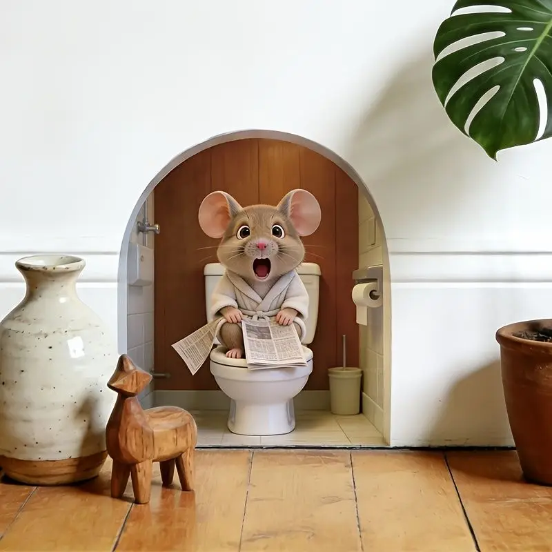VIKAMA Bathrobe Mouse Reading Newspaper Door Hole Sticker, Self-Adhesive Creative 3D Sticker for Living Room Entrance Decor