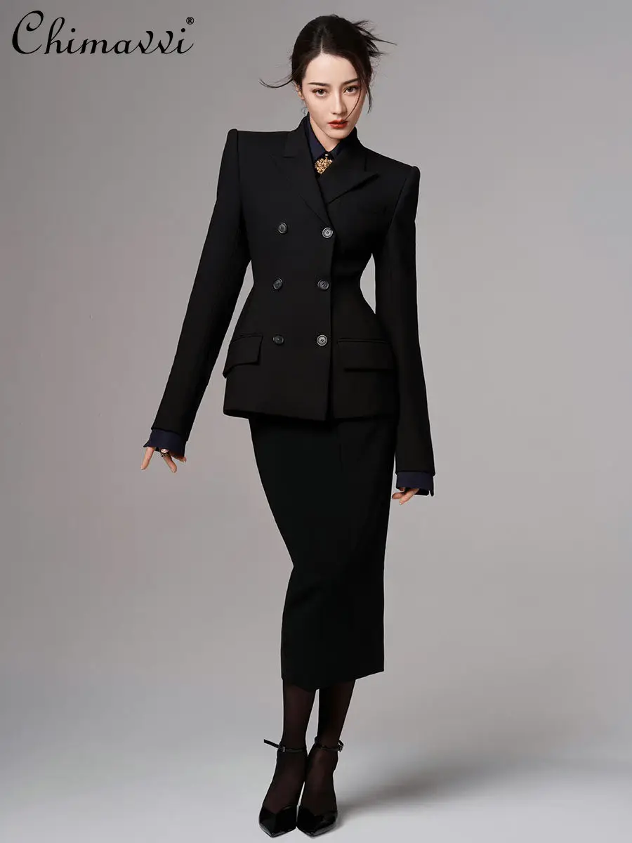 

Spring New High-End Fashion Black Double-Breasted Long Sleeve Blazer Skirt Waist-Cinching Slim Commuter Elegant Suit Outfits