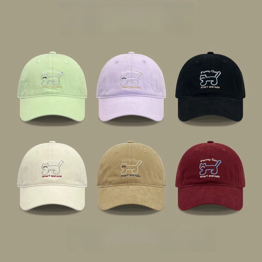 

Fashion Adjustable Sunscreen Baseball Cap Korean Style Cotton Cat Embroidered Cap Breathable Sunshade Cotton Peaked Hat Couple
