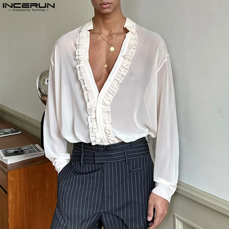 2024 Men Shirt Solid Color Ruffle V Neck Long Sleeve Streetwear Men Clothing Transparent Fashion Casual Camisas S-5XL INCERUN