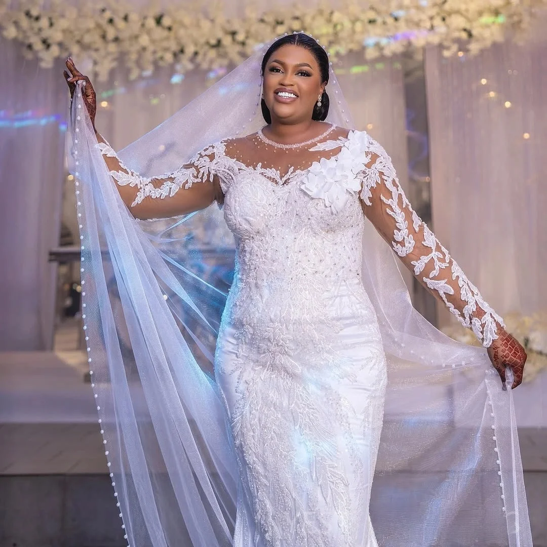 

Customized African Shinny Lace Rhinestones Aso Ebi Wedding Dress Vestidos De Casamento Long Sleeves Country Bridal Gown